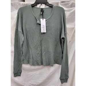 NWT Bobi XS Cropped Long Sleeve Waffle Knit Henley Shirt Sage Green 122986